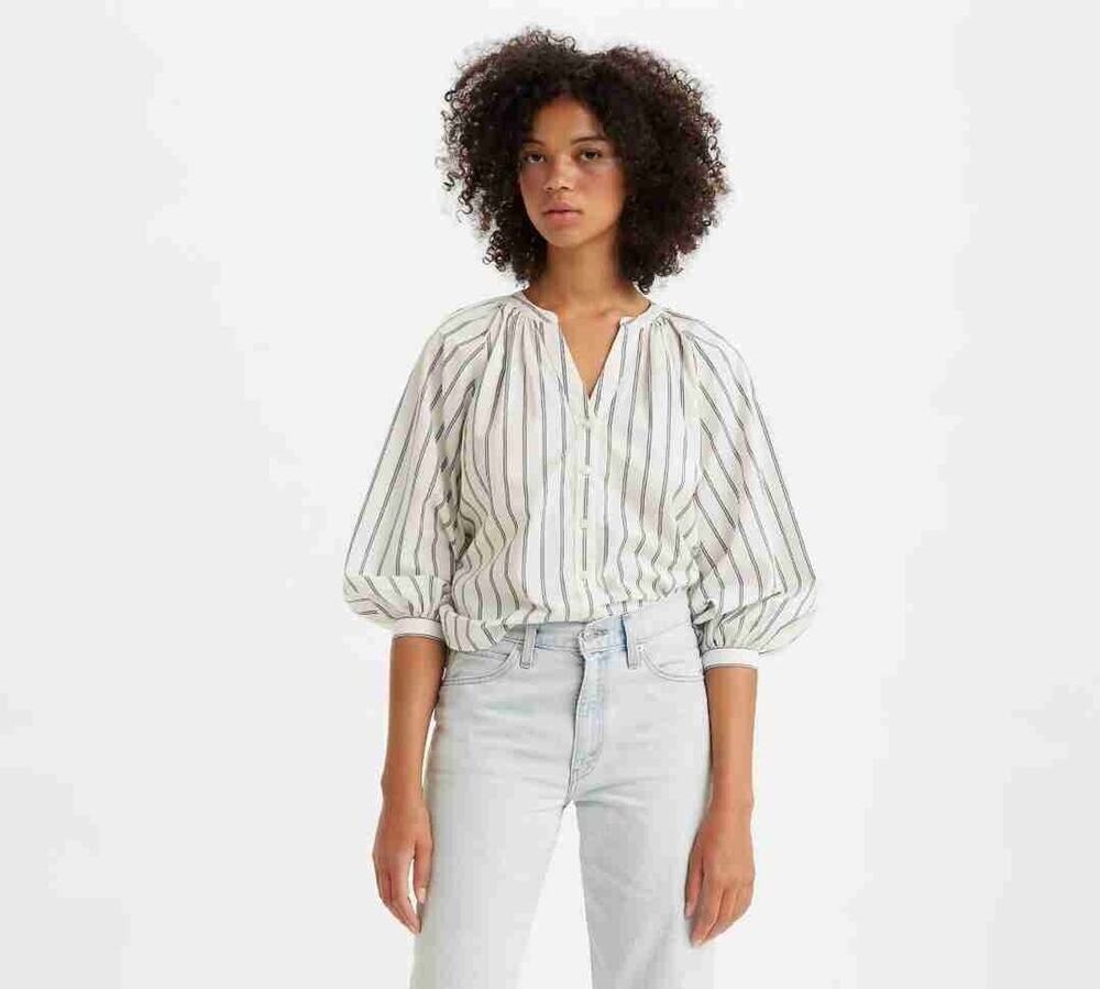 Levi's Blue Nights Stripe Long Sleeves V-Neck Button-Up Blouse Size Petite S b55